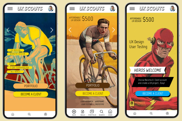 Three variations mobile homepage for UX Scouts web design user-research